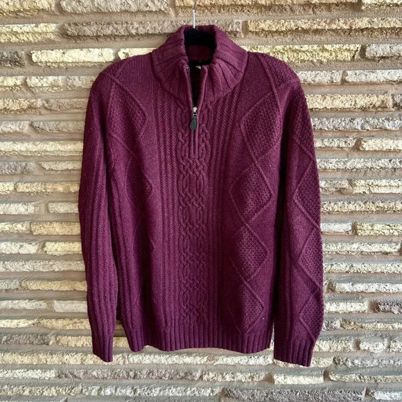 Jos. A Banks Men's Plum Purple 1/4 Zip Cable Knit Lambswool Blend Sweater Size L - Picture 7 of 7